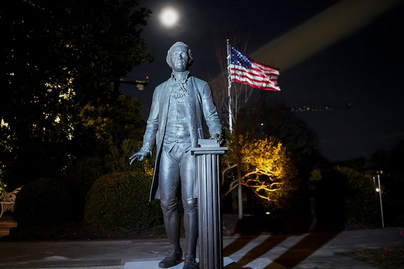 A newly installed statue of Alexander Hamilton that was mistaken for Thomas Jefferson, stands at the White House in Washington, D.C., on March 1, 2026.