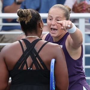 NEW YORK, NEW YORK - AUGUST 27: Jelena Ostapenko of Latvia (R) argues with Taylor Townsend of the United States (L) following their Women's Singles Second Round match on Day Four of the 2025 US Open at USTA Billie Jean King National Tennis Center on August 27, 2025 in the Flushing neighborhood of the Queens borough of New York City.
