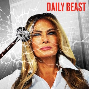 Melania Trump breaking glass with a gavel