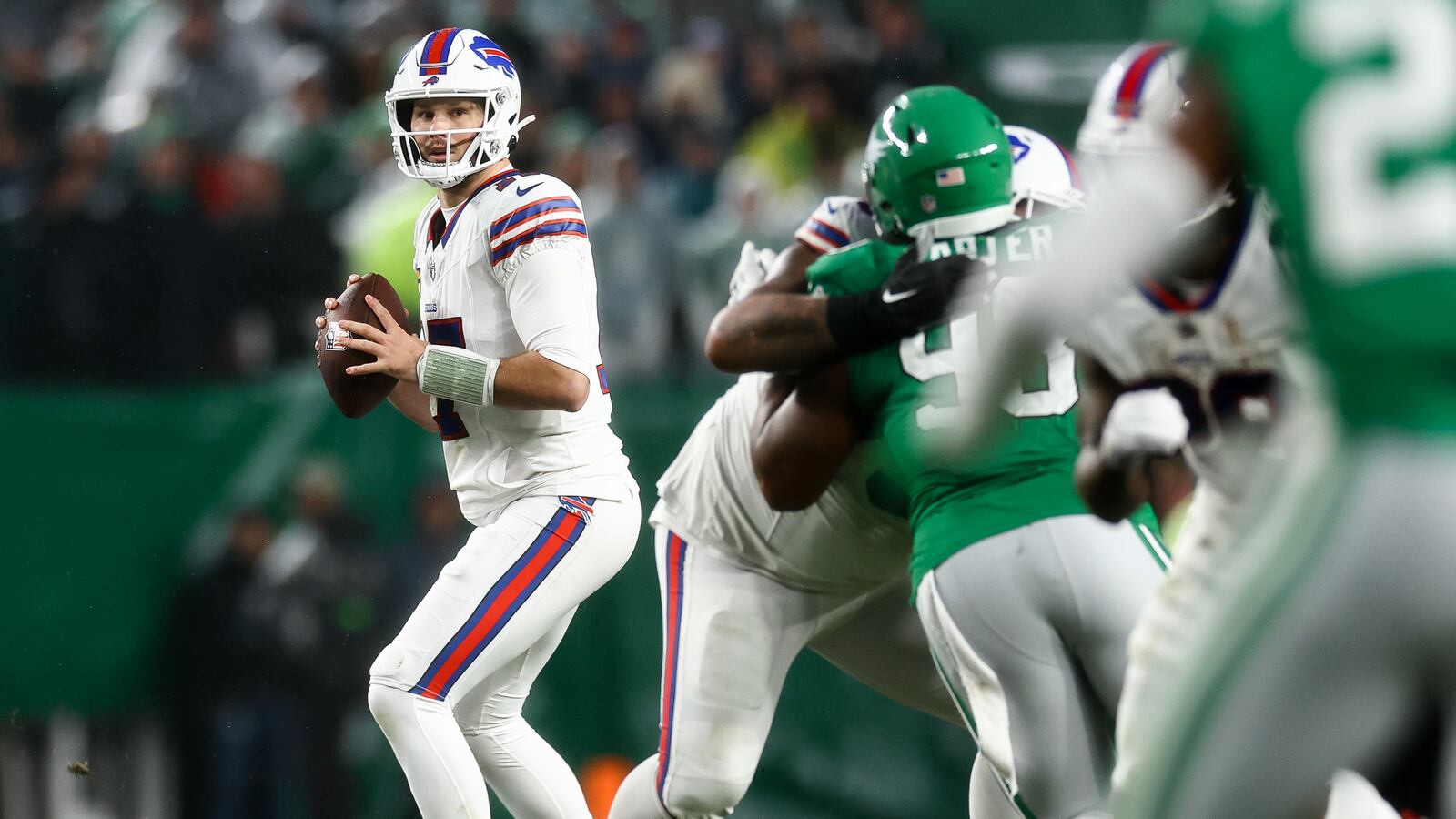 Josh Allen #17 of the Buffalo Bills attempts a pass during the first quarter against the Philadelphia Eagles