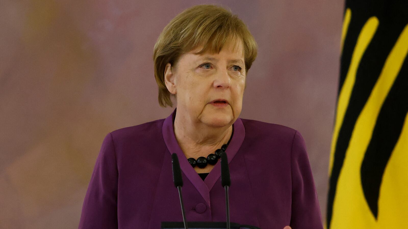 Former Chancellor Angela Merkel, recipient of the country's highest Order of Merit, speaks during a Ceremony in Bellevue Palace in Berlin, Germany April 17, 2023.