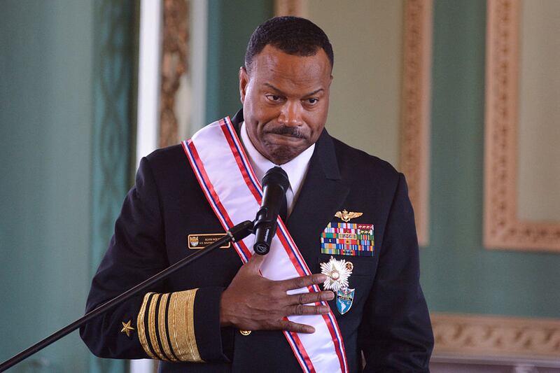 The head of the US Southern Command, Admiral Alvin Holsey, gestures after being decorated with the Order of Merit of the Military Forces Command 'Gral. Div. Bernardino Caballero' in the rank of Grand Cross at the Government Palace in Asuncion, on August 23, 2025.