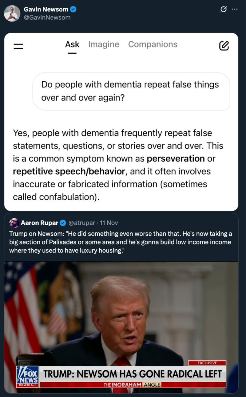 Gavin Newsom tweet about Trump having dementia