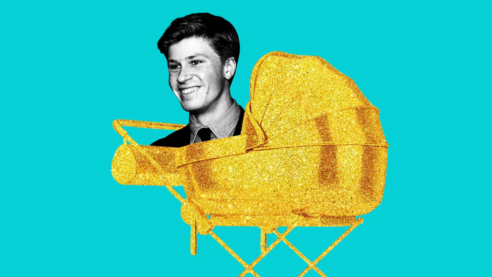 An illustration including a photo of Robert Clarence Irwin and a golden stroller