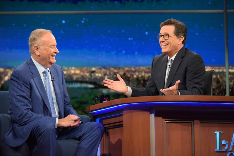 NEW YORK - OCTOBER 17: The Late Show with Stephen Colbert with guest Bill O'Rielly during Monday's 10/17/16 taping in New York. (Photo by Scott Kowalchyk/CBS via Getty Images)