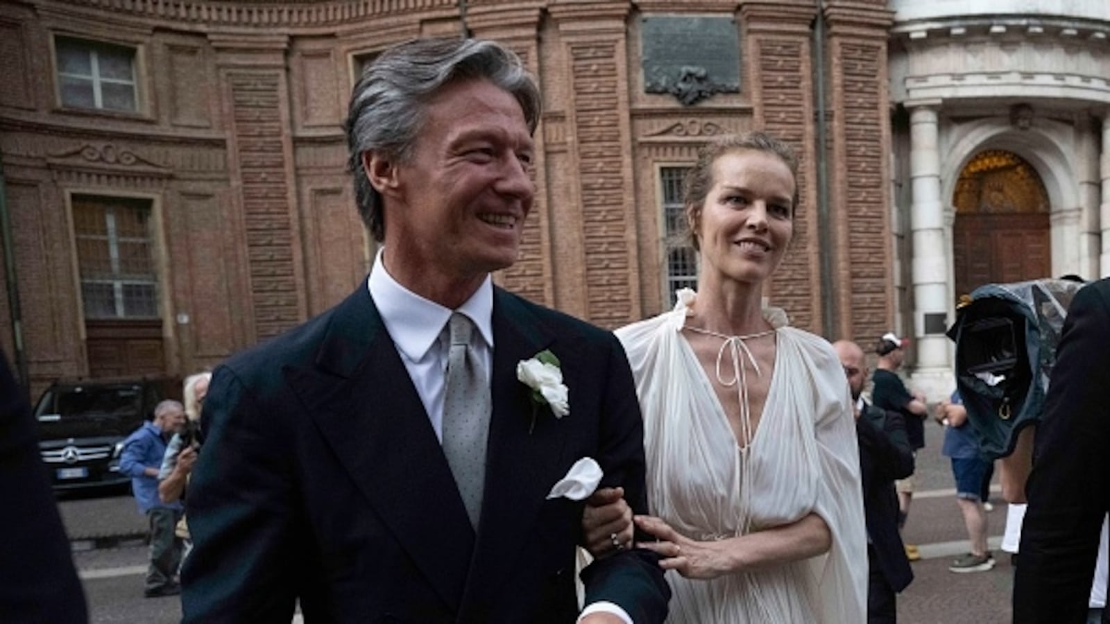 TURIN, ITALY - JULY 11: (L-R) Gregorio Marsiaj and Eva Herzigova are seen as they attend their wedding on July 11, 2026 in Turin, Italy. (Photo by Stefano Guidi/GC Images)