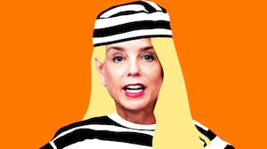 Pam Bondi with an old fashioned prison stripe uniform in front of an orange background
