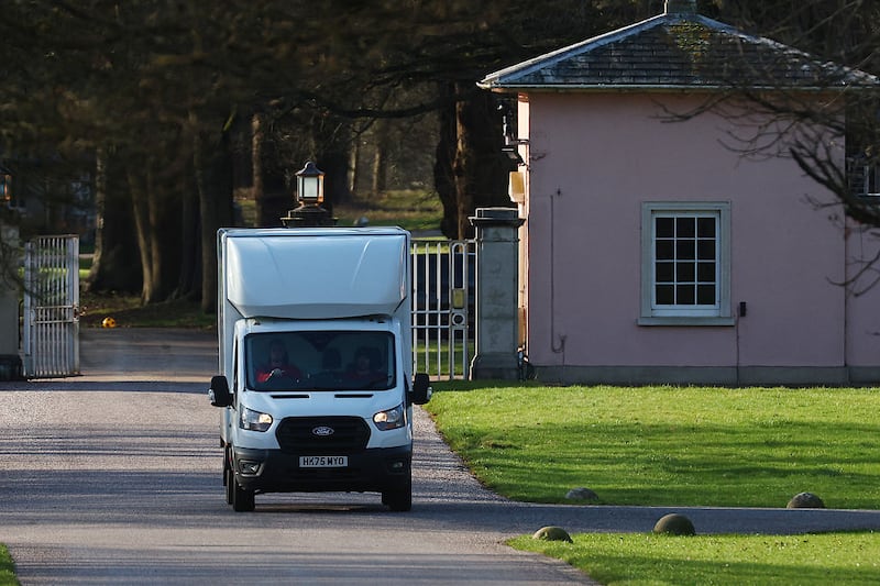 A storage van leaves the gates of Royal Lodge in Windsor Great Park, the former home of Andrew Mountbatten-Windsor, following his move to the Sandringham Estate on Feb. 4, 2026, in Windsor, England. Three million new documents were released by the United States Department of Justice under the Epstein Files Transparency Act, which included images and emails related to Andrew Mountbatten-Windsor.  (Photo by Peter Nicholls/Getty Images)