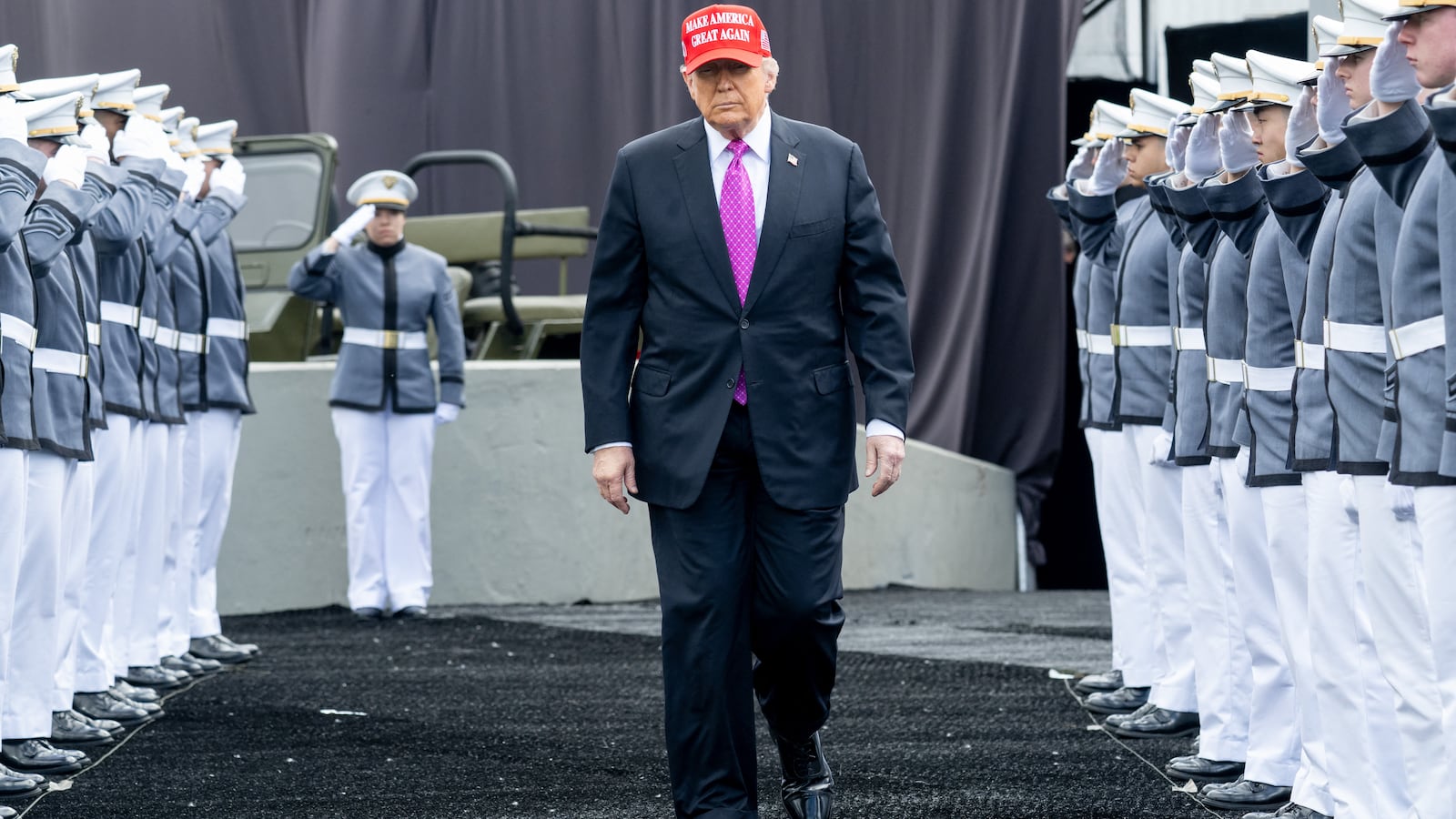 Donald Trump arrives to deliver the commencement address at the 2025 graduation ceremony at the U.S. Military Academy at West Point on May 24, 2025, in West Point, New York.