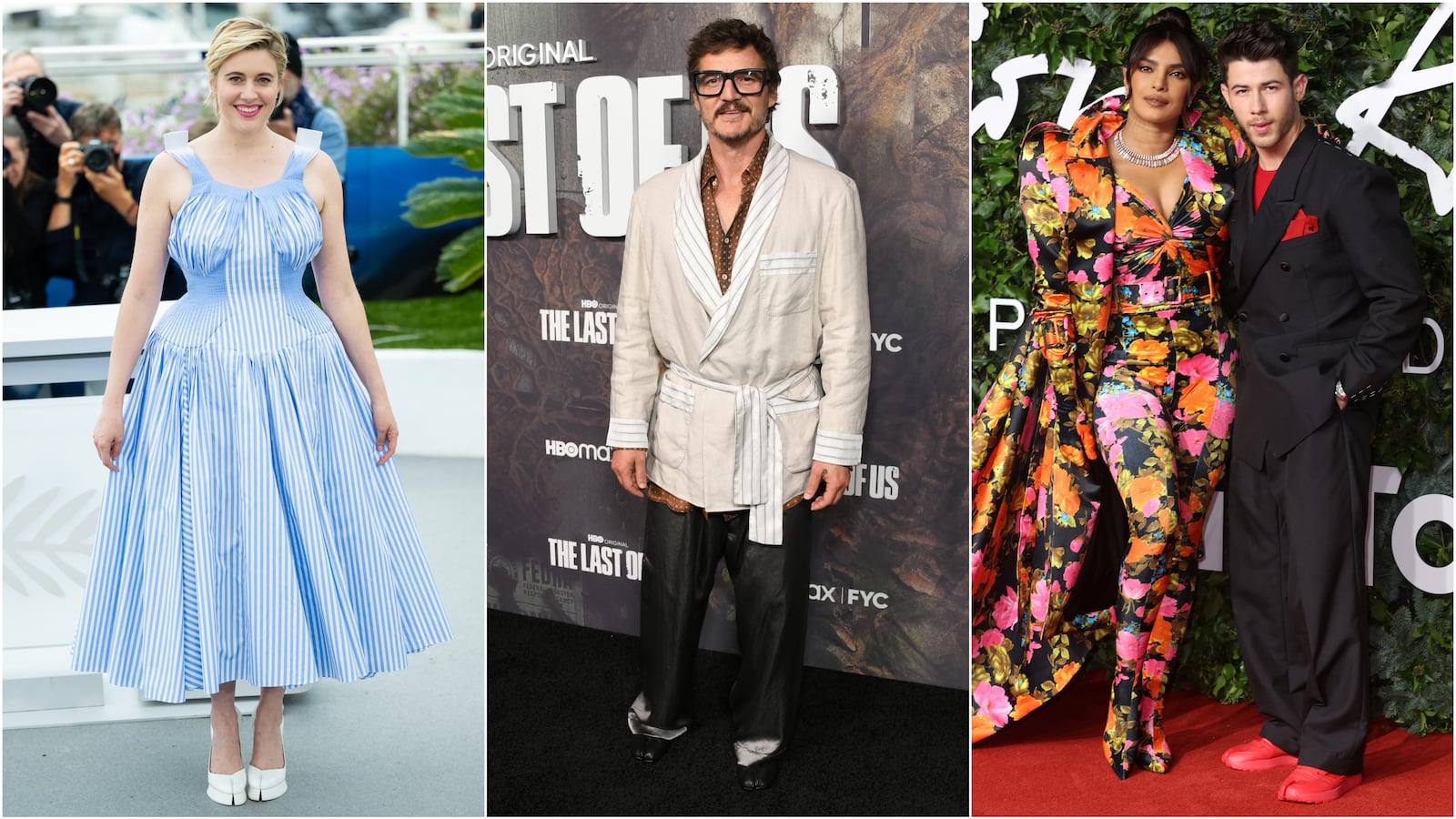 A triptych of celebrities wearing split-toe shoes. Greta Gerwig in 2024, Pedro Pascal in 2023, and Joe Jonas in 2021.