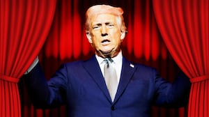 A photo illustration of Donald Trump and red curtain.