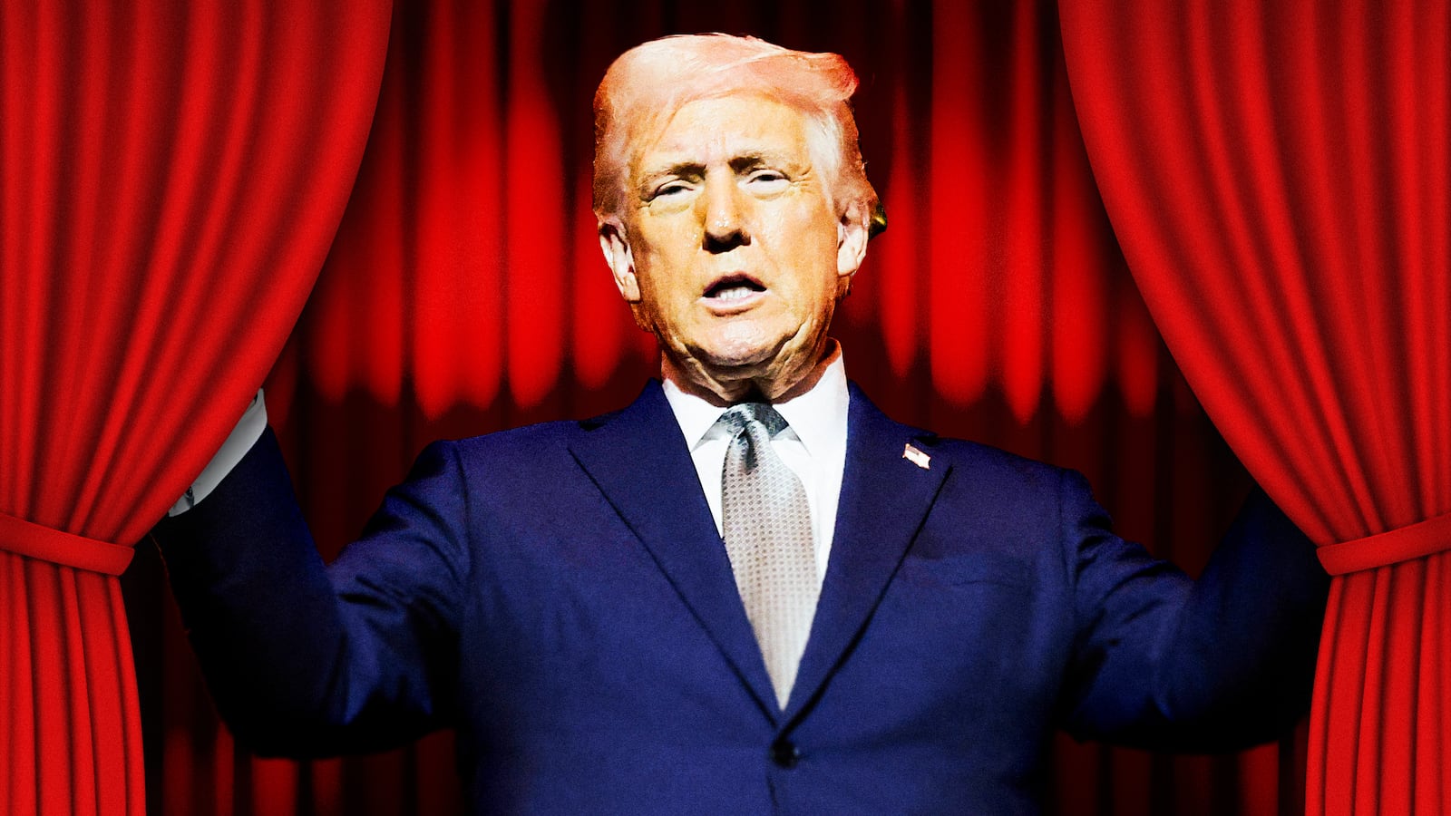 A photo illustration of Donald Trump and red curtain.