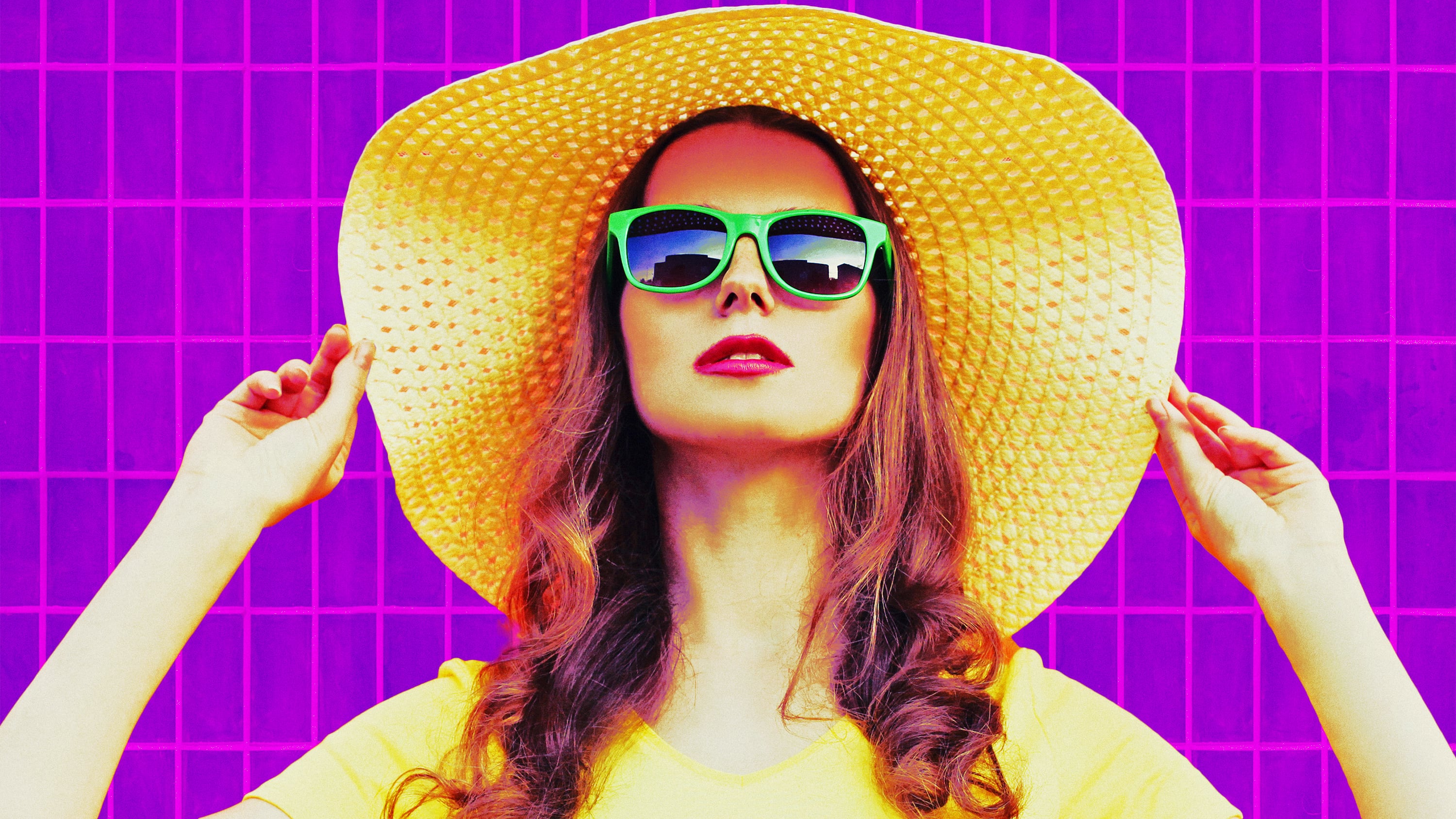 A photo illustration of a woman on vacation.