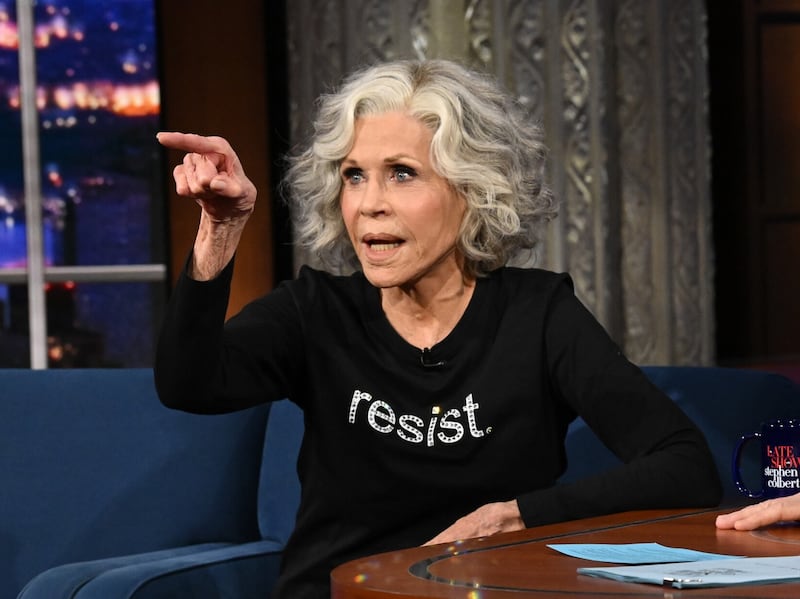 The Late Show with Stephen Colbert and guest Jane Fonda during Wednesday’s January 21, 2026 show. Photo: Scott Kowalchyk ©2026 CBS Broadcasting Inc. All Rights Reserved.