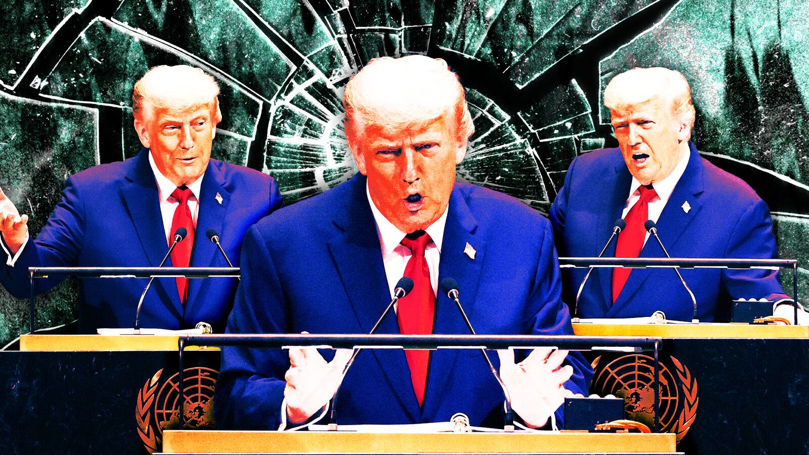 A photo illustration of President Donald Trump speaking at the United Nations General Assembly.