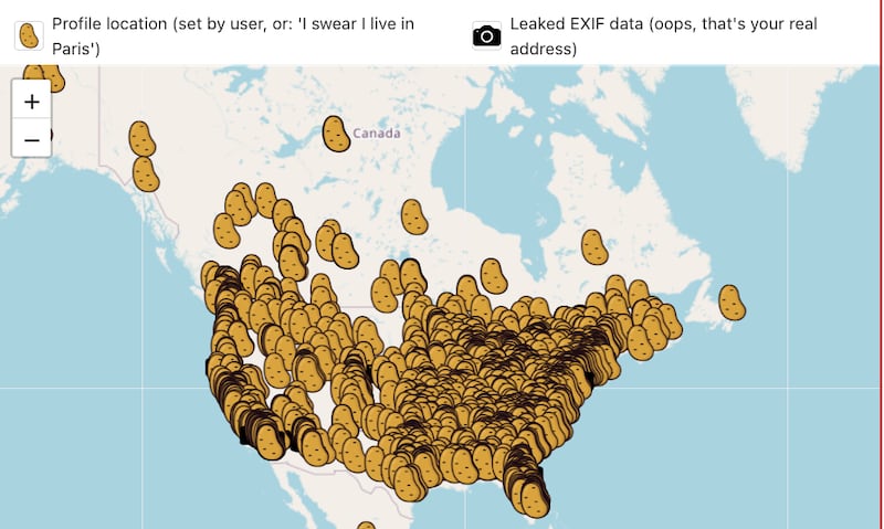 A map of the hundreds of U.S. fascists seeking love—all depicted as potatoes—whose data was exposed during the investigation.