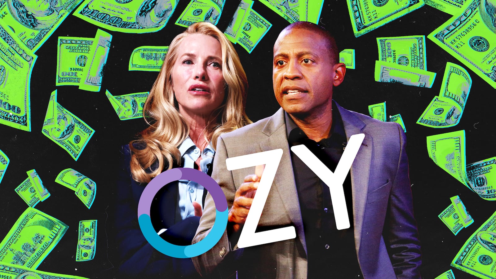 A photo illustration of Laurene Powell and Carlos Watson.