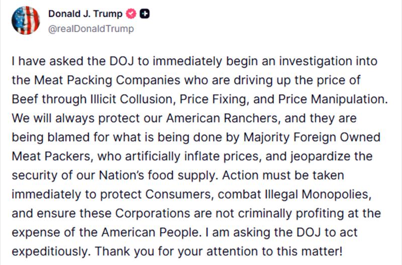 President Donald Trump talks about the price of beef on Truth Social.