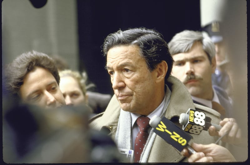 "60 Minutes" Correspondent Mike Wallace ignoring reporters while joining the picket line during a writers guild strike at CBS in 1987.