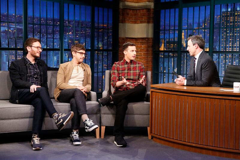 Akiva Schaffer, Jorma Taccone and Andy Samberg of The Lonely Island during an interview with host Seth Meyers