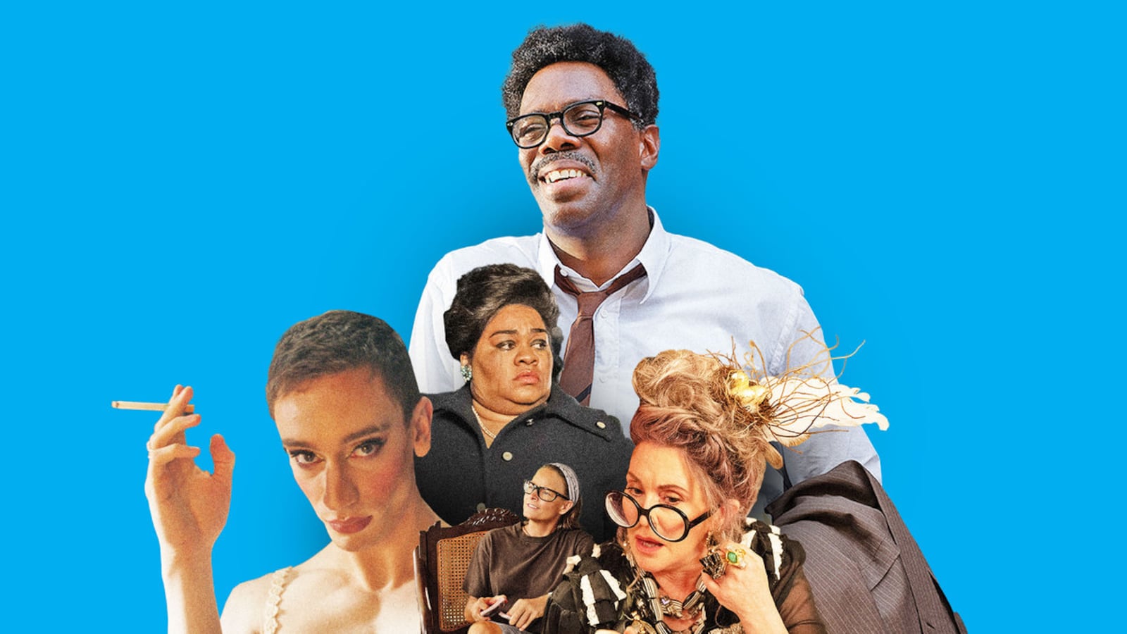 A photo composite of Megan Mullaly, Théodore Pellerin, Colman Domingo, Da’Vine Joy Randolph, and Jodie Foster
