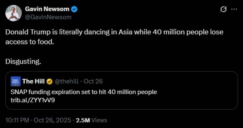 Gavin Newsom tore into Trump for denying millions of Americans access to food stamps.