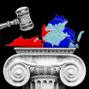 Illo illustration of Virginia redistricting map on top of an ionic column being cracked by a gavel