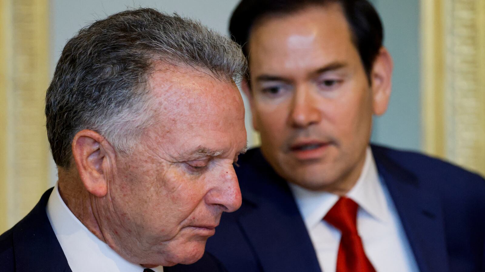 US Special Envoy Steve Witkoff (L) listens to US Secretary of State Marco Rubio during a diplomatic meeting with France's President, France's Minister for Europe and Foreign Affairs and Ukrainian Head of Presidential Office, UK National Security Adviser and Germany's national security advisor at the Elysee presidential palace in Paris on April 17, 2025. US Secretary of State was in Paris today to meet French President about crafting a Ukraine ceasefire, as Washington and Europe seek common ground on ending the fighting. Top Ukrainian officials were also in the French capital to meet EU and US delegations. (Photo by Ludovic MARIN / POOL / AFP) (Photo by LUDOVIC MARIN/POOL/AFP via Getty Images)