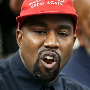 Rapper Kanye West speaks during a meeting with U.S. President Donald Trump