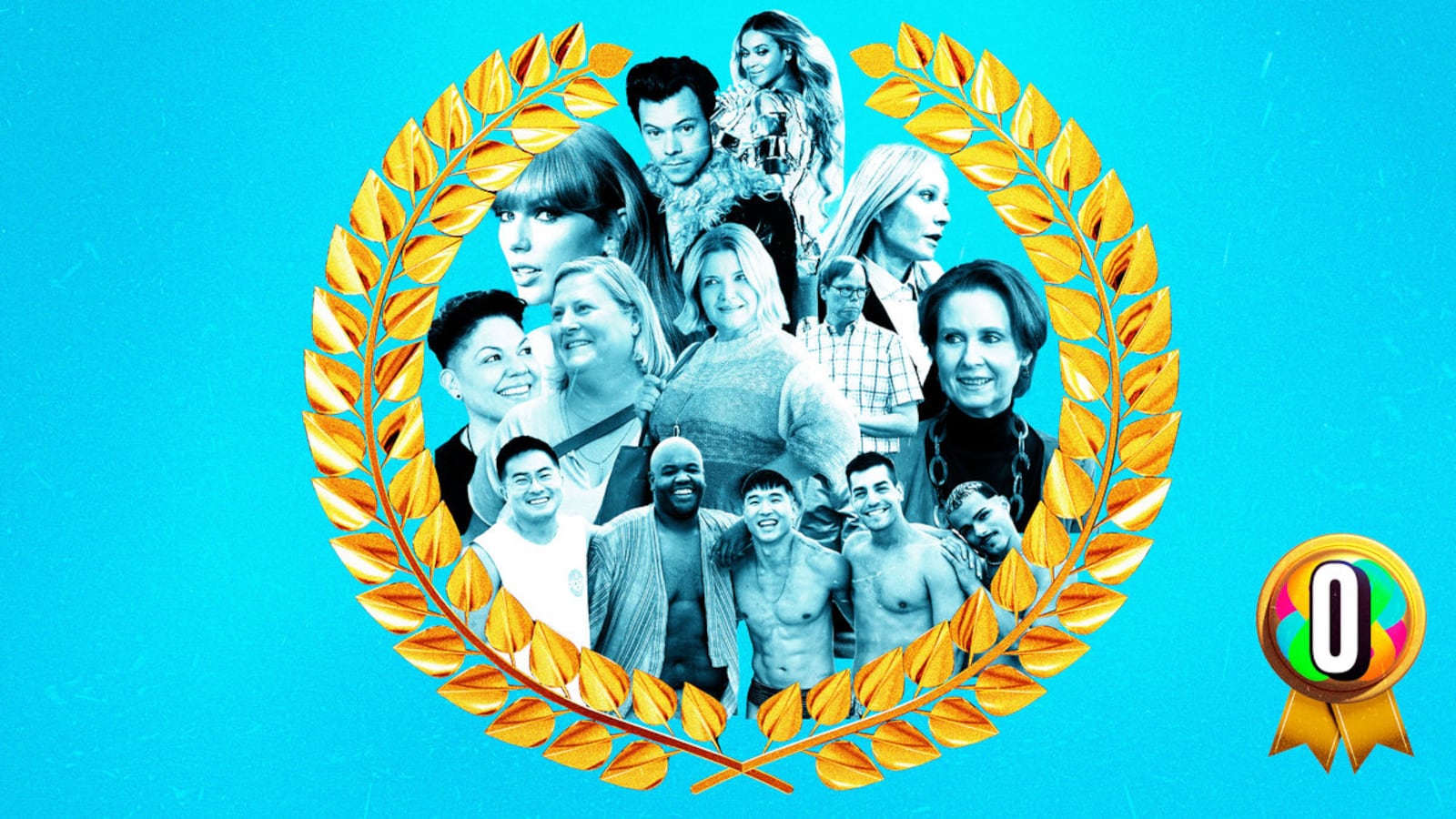 An illustration including Taylor Swift, Harry Styles, Beyonce, Miranda, Che from And Just Like That, Cast from Somebody Somewhere, Cast from Fire Island, and Gwyneth Paltrow.