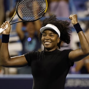 Venus Williams celebrates after match point against Peyton Stearns in a women's singles match on day two of the Mubadala Citi D.C. Open on July 22, 2025.