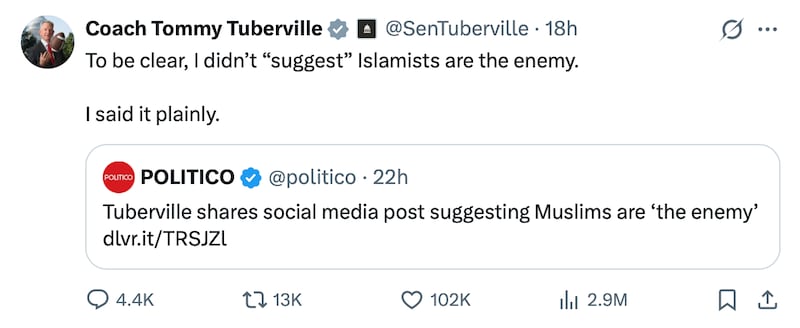 Tuberville didn't think Politico went far enough in its headline. Coach Tommy Tuberville/X.