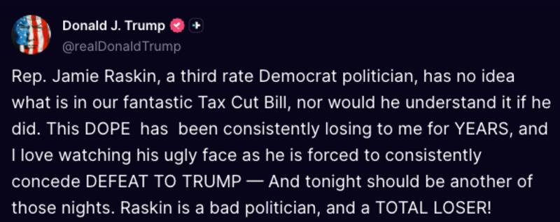 Trump's Truth Social post about Raskin.