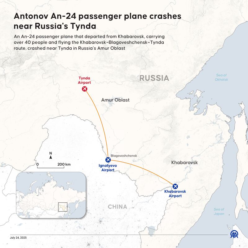 ANKARA, TURKIYE - JULY 24: An infographic titled "Antonov An-24 passenger plane crashes near Russia's Tynda" created in Ankara, Turkiye on July 24, 2025. An An-24 passenger plane that departed from Khabarovsk, carrying over 40 people and flying the KhabarovskBlagoveshchenskTynda route, crashed near Tynda in Russia's Amur Oblast. (Photo by Mehmet Yaren Bozgun/Anadolu via Getty Images)