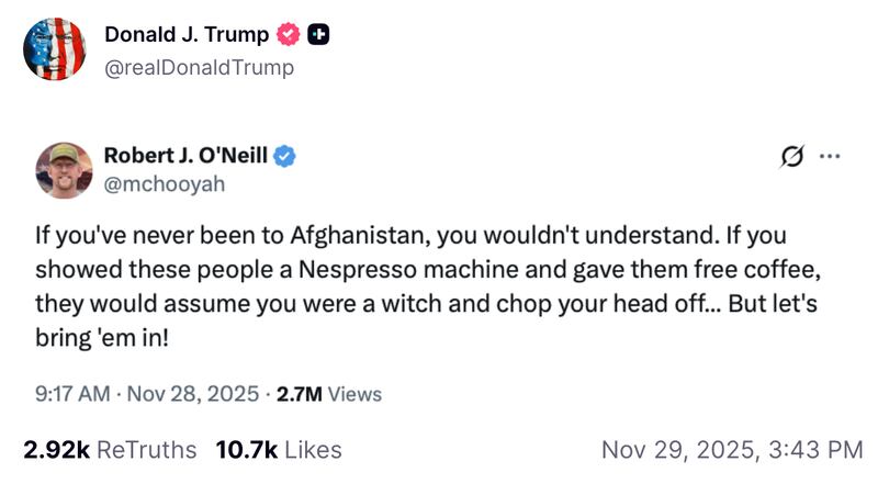 Trump Truth Social repost of a Robert J. O'Neill X post