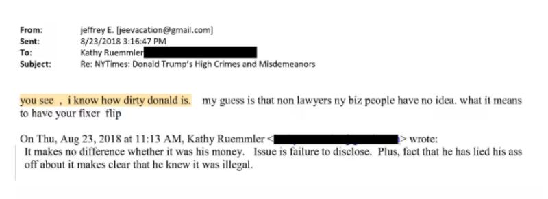An email in which Epstein tells Ruemmler that he "knows how dirty Donald is."