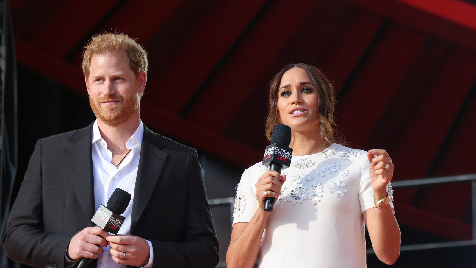 Britain's Prince Harry and Meghan Markle speak at the 2021 Global Citizen Live concert at Central Park in New York, on Sept. 25, 2021.