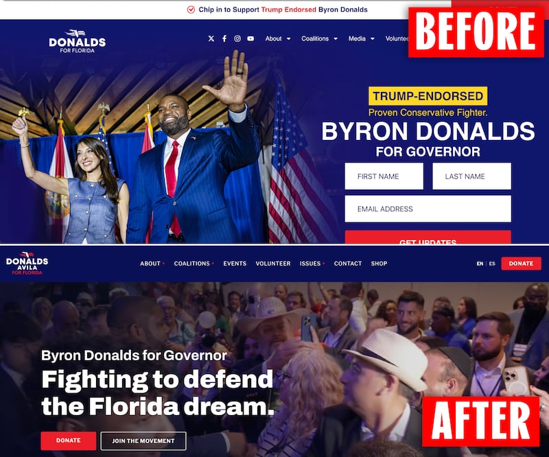 Florida Republican gubernatorial candidate Byron Donalds stripped away references to his endorsement from Donald Trump from his campaign website.