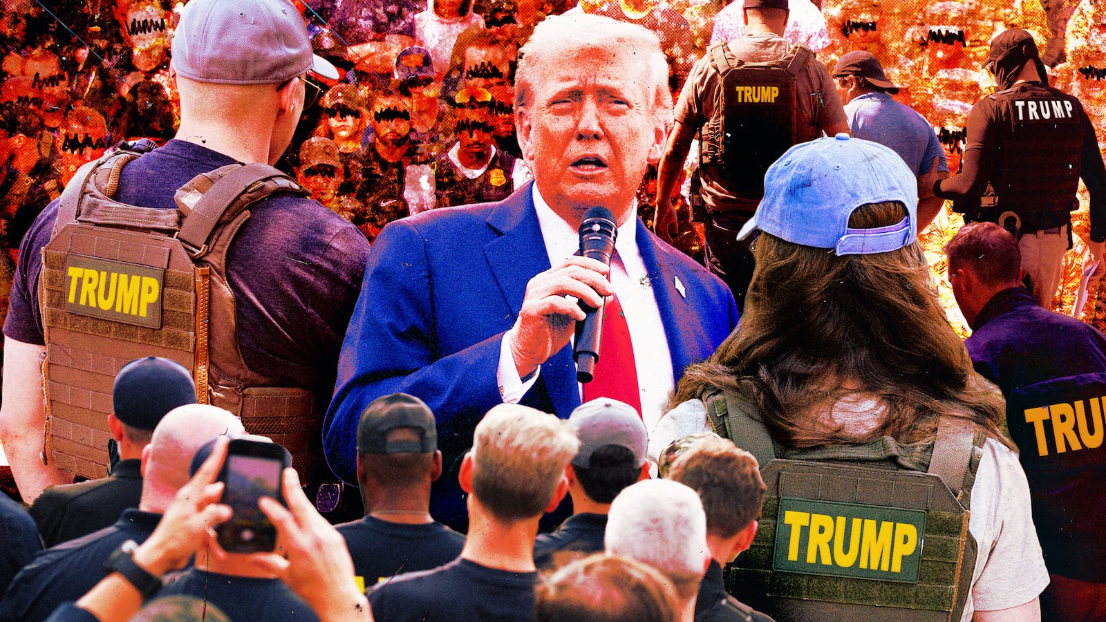 A photo illustration of Donald Trump surrounded by law enforcement agents.