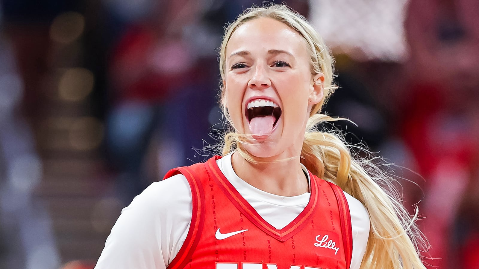 Sophie Cunningham #8 of the Indiana Fever reacts during the second half against the Atlanta Dream at Gainbridge Fieldhouse on July 11, 2025 in Indianapolis, Indiana. NOTE TO USER: User expressly acknowledges and agrees that, by downloading and or using this photograph, User is consenting to the terms and conditions of the Getty Images License Agreement. (Photo by Michael Hickey/Getty Images)