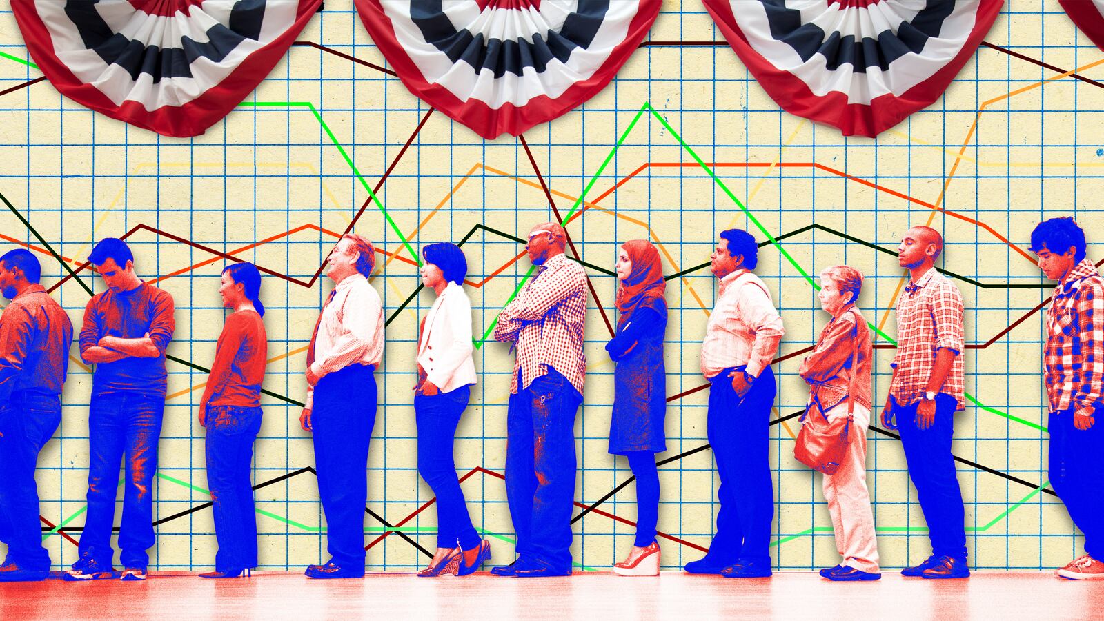 A photo illustration of American voters and line graph background.