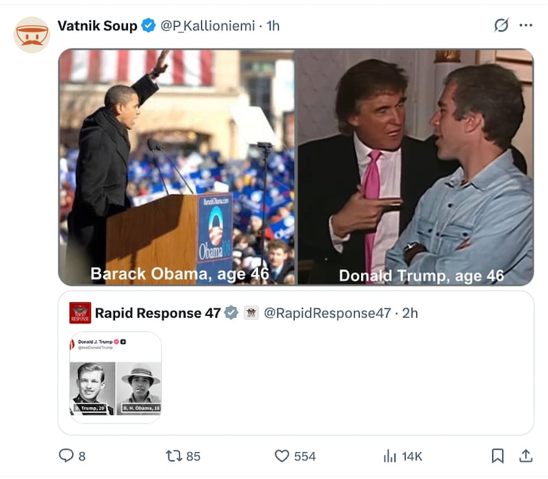 A comparison of Trump and Obama at age 46 presents a less flattering contrast than the one the president posted.