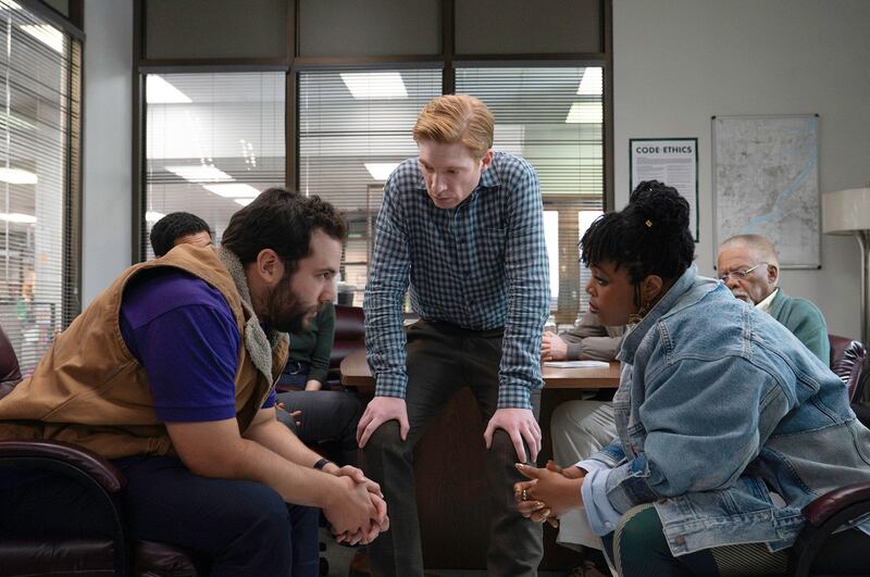 Eric Rahill as Travis, Domhnall Gleeson as Ned, Gbemisola Ikumelo as Adelola, and Duane R. Shepard as Barry.