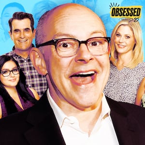 A photo illo illustration of Rob Corddry and the cast of Modern Family for the obsessed podcast.