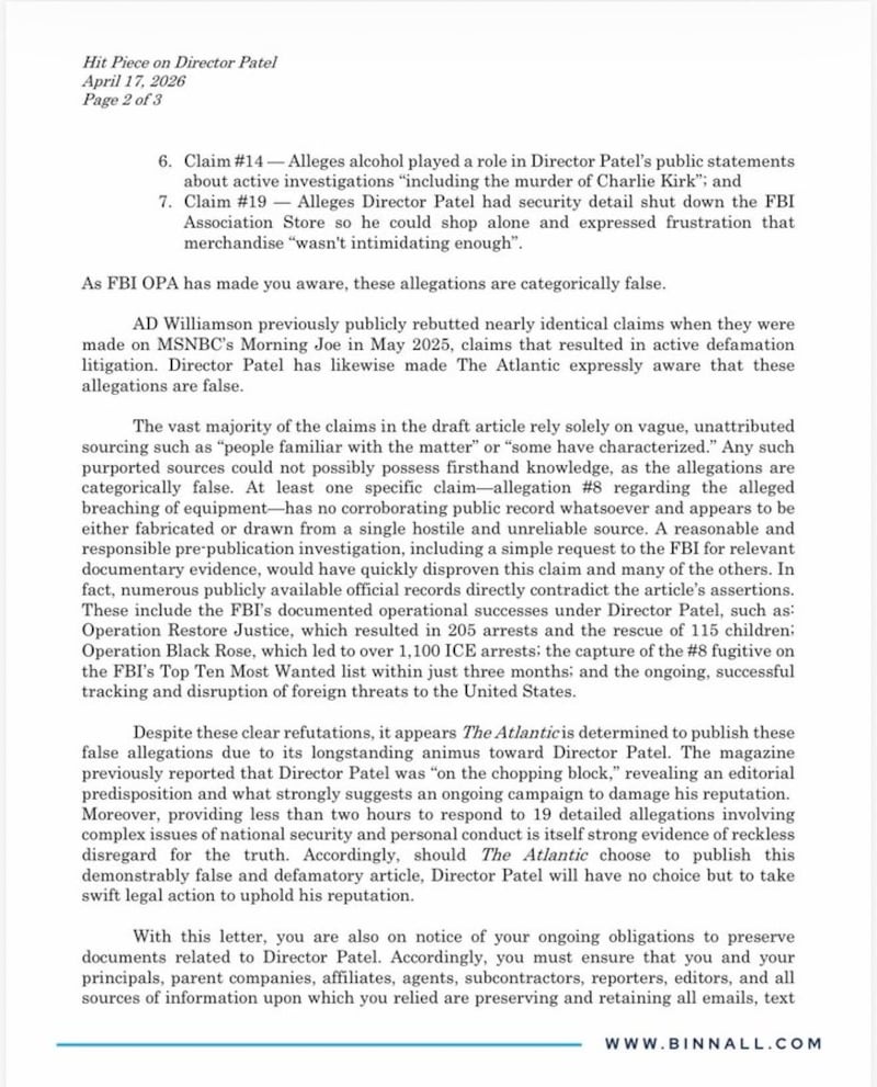 Letter to The Atlantic about their Kash Patel story.