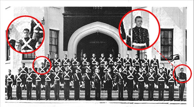 Company E, New York Military Academy, 1962. Supply Sergeant Donald Trump, far right with flag. Private Art Davie, second row, third from the left.