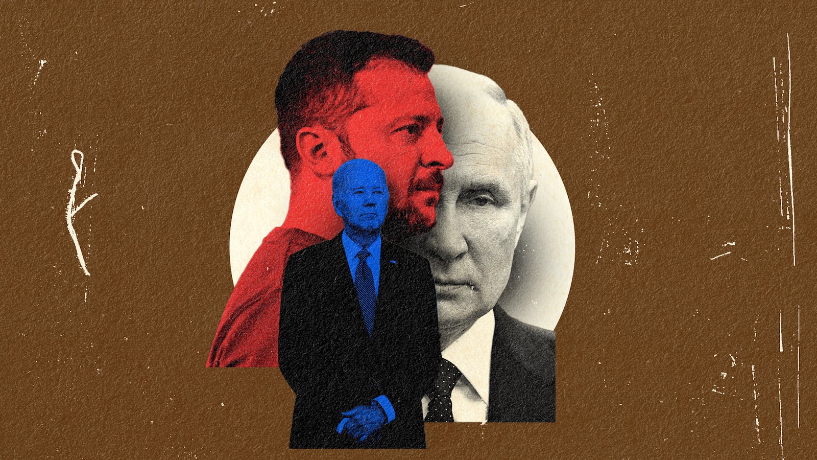 A photo composite of Joe Biden, Volodymyr Zelenskyy, and Vladimir Putin