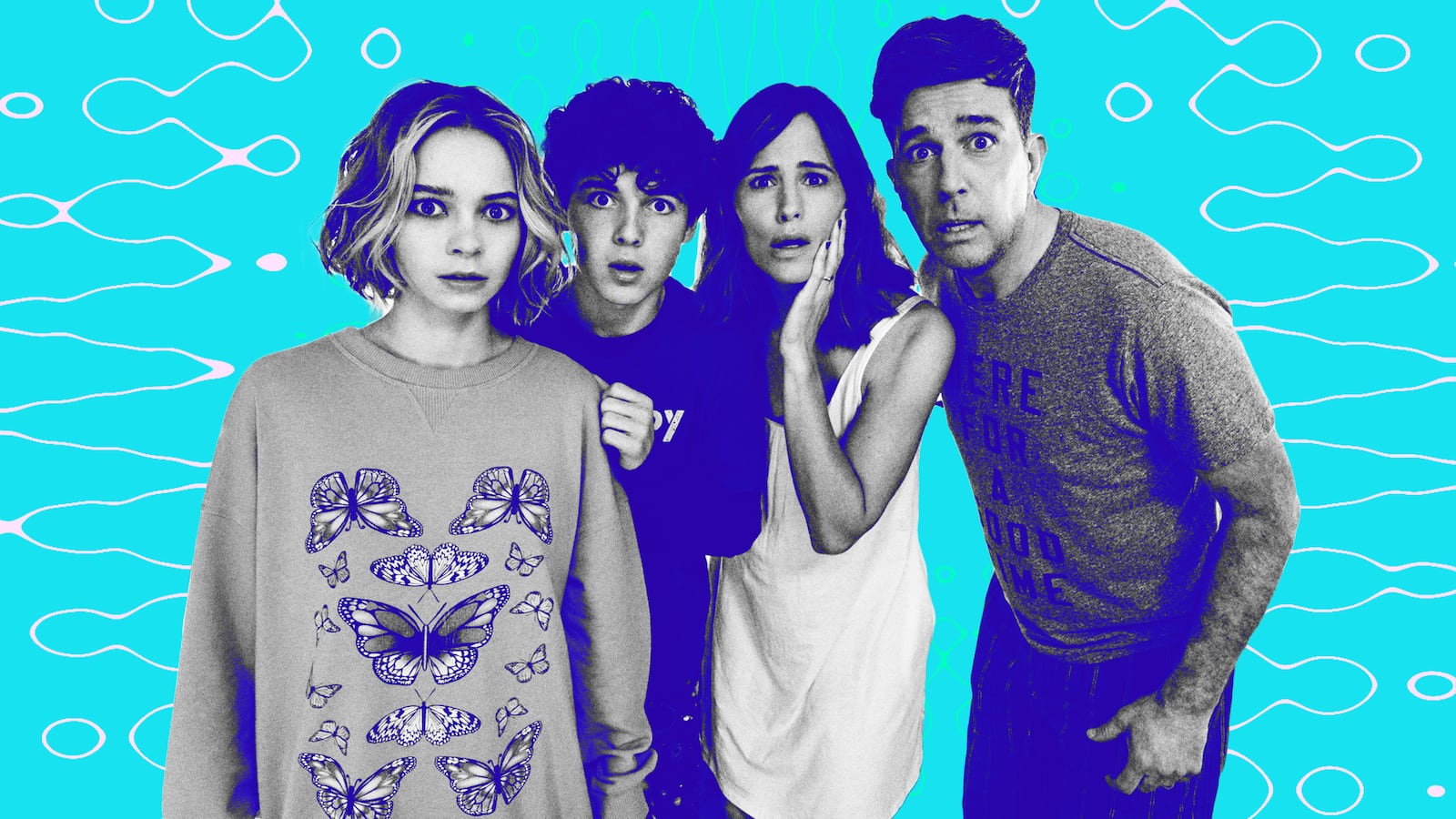 A photo illustration of Emma Myers, Brady Noon, Jennifer Garner, and Ed Helms in Family Switch.