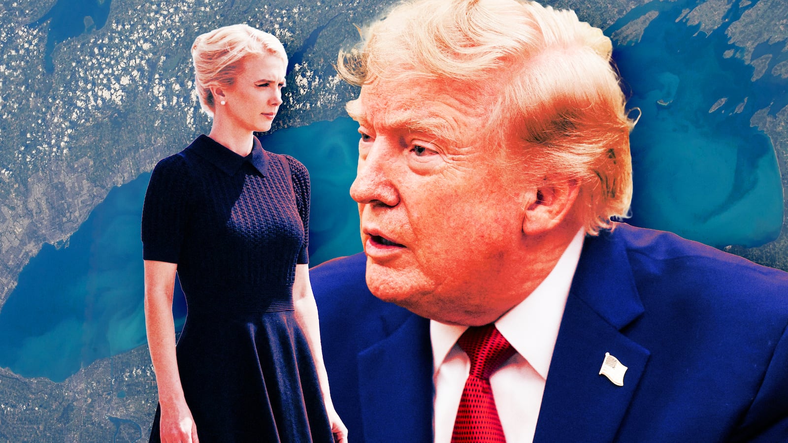 A photo illustration of Donald Trump, Natalie Harp, and a satellite photo of Lake Ontario.