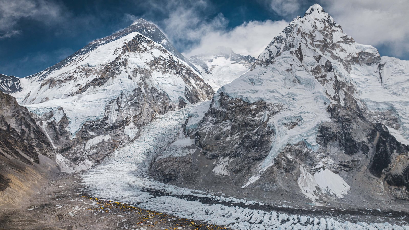 A drone view shows Mount Everest along with Khumbu Glacier and base camp in Nepal, April 30, 2024.